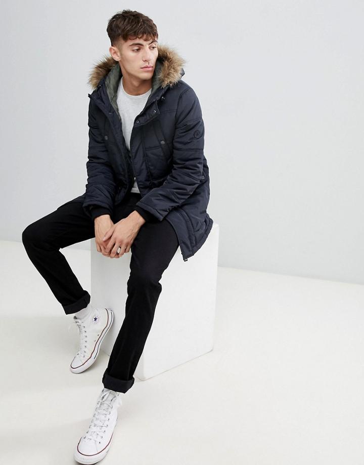 Esprit Parka With Faux Fur Hood In Black - Black