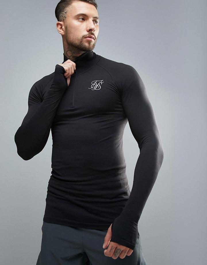 Siksilk Compression Long Sleeve T-shirt With Quarter Zip In Black - Black