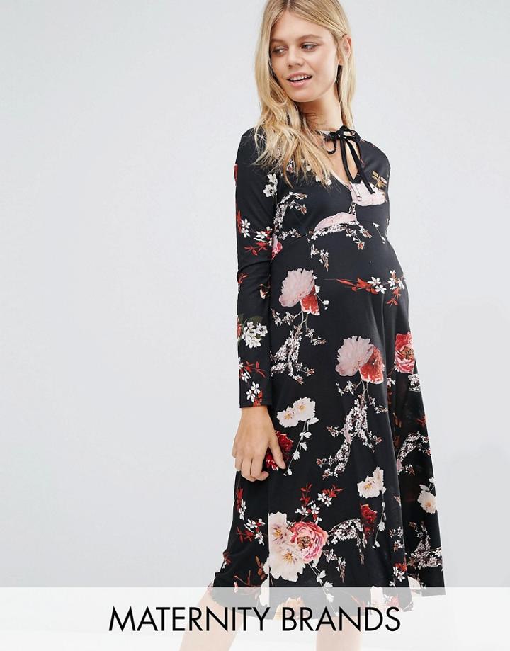 Bluebelle Maternity Long Sleeve Tie Detail Printed Swing Dress - Multi