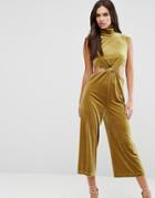 Asos Jumpsuit With Cut Out Detail In Velvet - Yellow