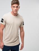 Jack & Jones Core Longline T-shirt With Curved Hem And Arm Stripes - Beige