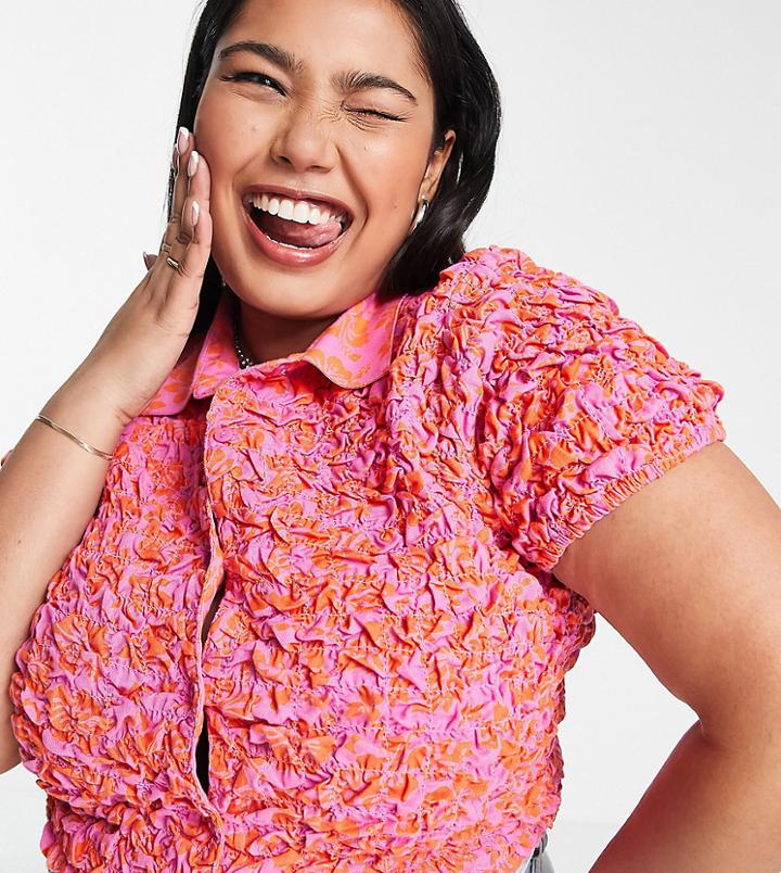 Collusion Plus Shrunken Shirred Shirt In Red And Pink Hibiscus-multi