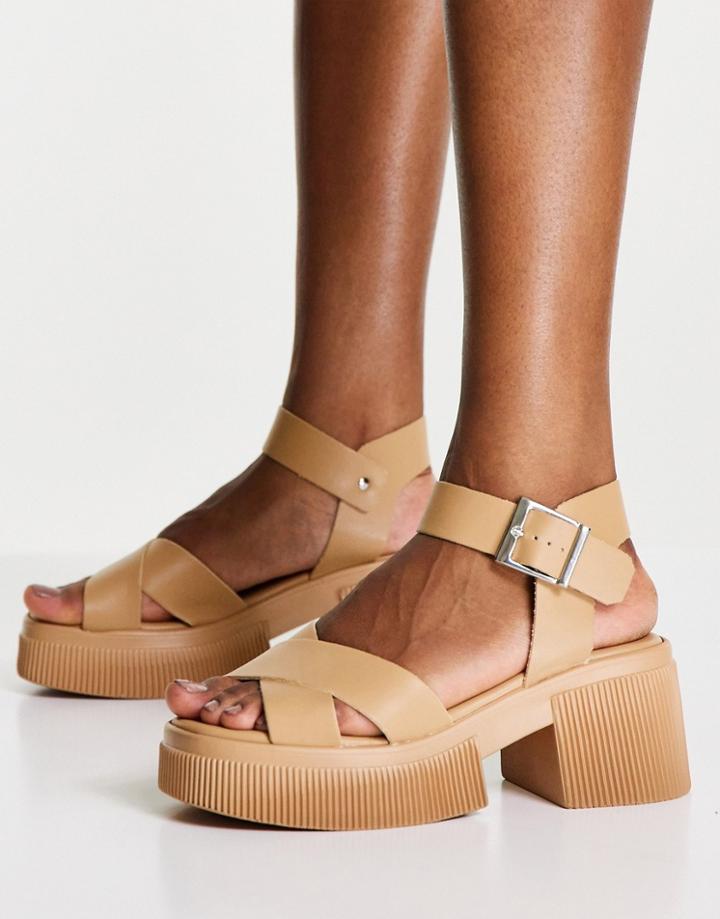 Asos Design Hebe Chunky Cross Strap Mid Heel Sandals In Beige-neutral