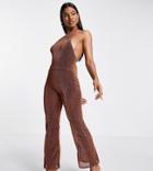 Asyou Metallic Halter Flare Jumpsuit In Bronze-brown
