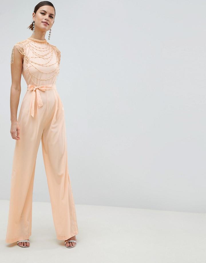 Asos Design High Neck Embellished Jumpsuit With Wide Leg - Cream