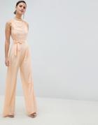 Asos Design High Neck Embellished Jumpsuit With Wide Leg - Cream