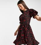 Influence Tall Frill Hem Tie Waist Mini Dress In Heart Print-multi