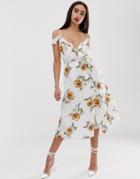 Prettylittlething Midi Wrap Dress With Cold Shoulder In White Floral - White