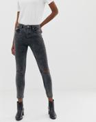Asos Design Super High Waisted Firm Skinny Jeans In Acid Wash Gray Cord With Busted Knees
