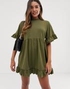 Asos Design Mini Frill Sleeve Smock Dress In Sweat - Green