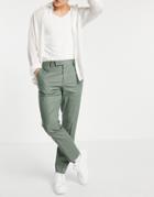 Asos Design Skinny Ankle Grazer Smart Pants With Belt In Green Linen