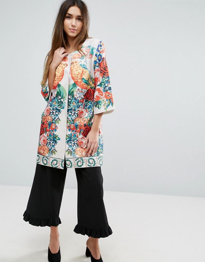 Traffic People 3/4 Sleeve Border Bird Print Jacket - Multi