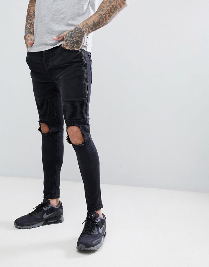 Brave Soul Black Blown Out Zipped Skinny Biker Jeans - Black