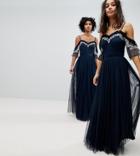 Maya Petite Cold Shoulder Sequin Detail Tulle Maxi Dress With Ruffle Detail - Navy