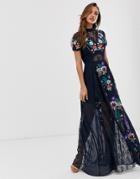 Frock & Frill Embroidered Short Sleeve Maxi - Black