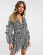 Bardot Long Sleeve Cutout Mini Dress In Black And White Leopard Print