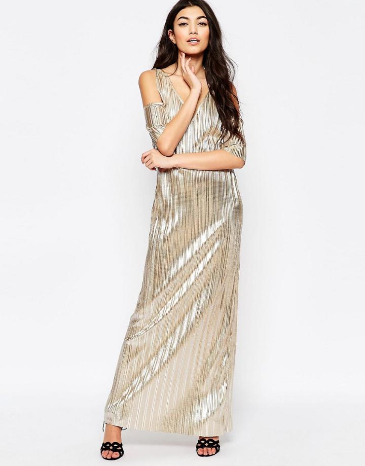 Liquorish Metallic Pleated Maxi Dress With Cold Shoulder - Gold