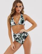 Asos Design Cross Back Halter Triangle Bikini Top With Ring Detail In Oversized Palm Print - Multi