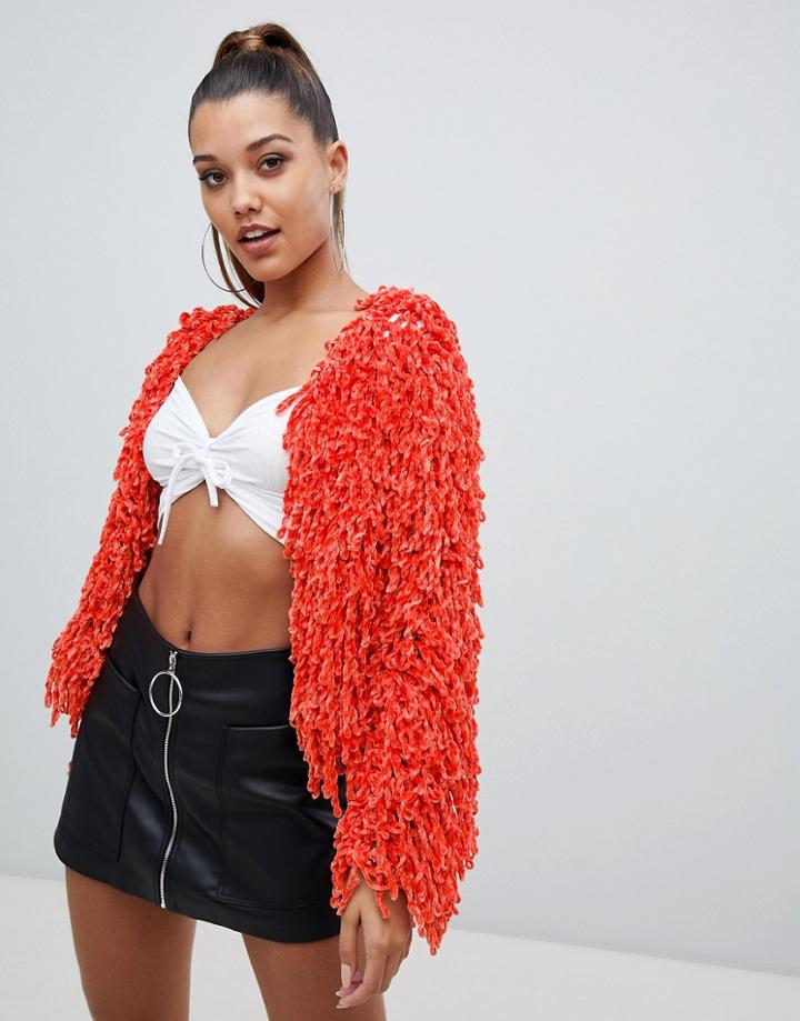 Prettylittlething Chenille Shaggy Cardigan - Red