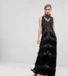 A Star Is Born Embellished Maxi Dress With Tiered Fringing And Cap Sleeve - Black