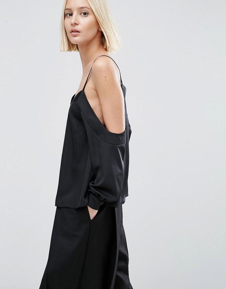 Asos V Neck Satin Cold Shoulder Top - Black