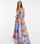 Asos Design Tall Cami Plunge Tie Back Maxi Dress In Floral Print-multi