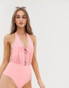 South Beach Lace Up Front Plunge Swimsuit With Stud Detail - Pink