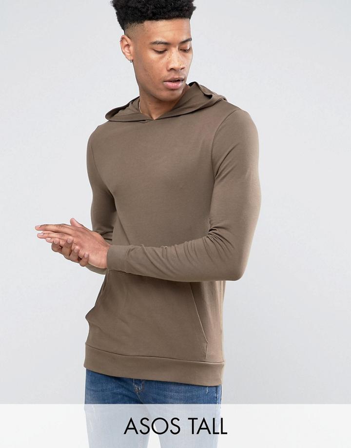 Asos Tall Lightweight Muscle Hoodie In Brown - Brown