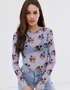Daisy Street Mesh Long Sleeve Top In Pug And Floral Print-blue