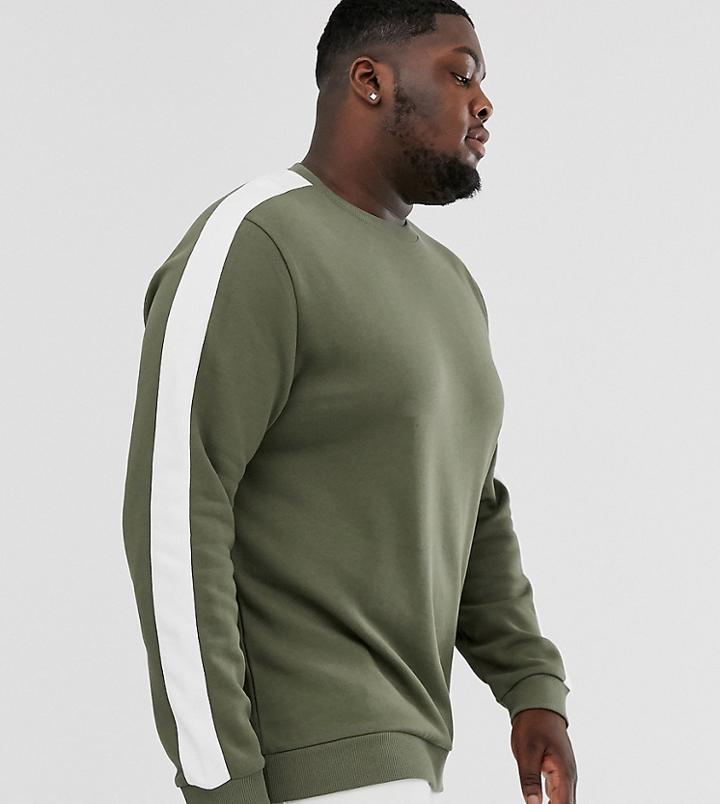 Asos Design Plus Sweatshirt In Khaki With Side Stripe-green