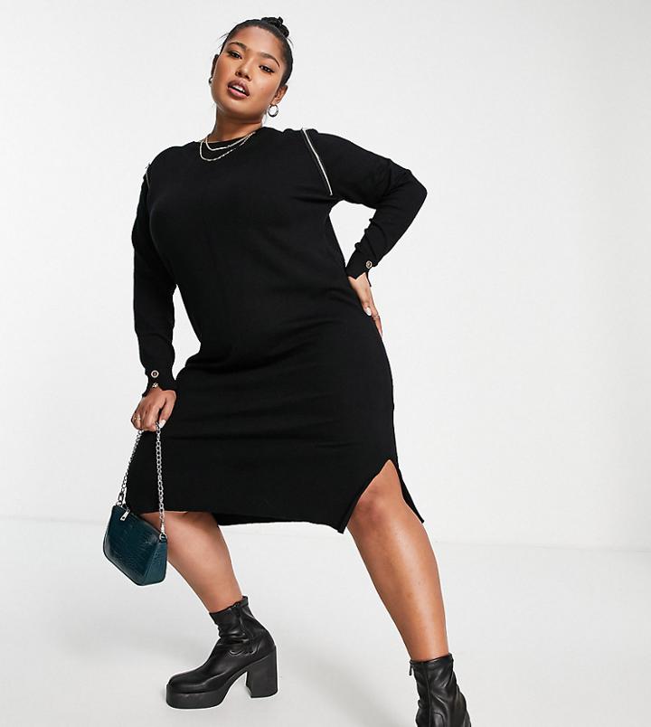 Simply Be Sweater Dress With Zip Shoulder Detail In Black