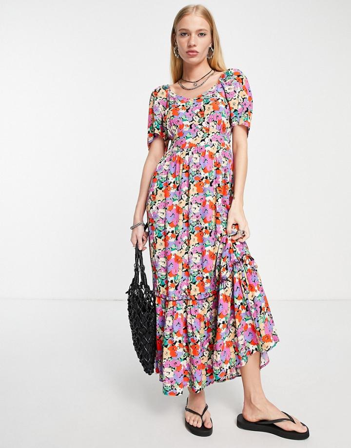 Only Puff Sleeve Tiered Hem Maxi Dress In Red & Purple Floral-multi