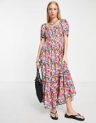Only Puff Sleeve Tiered Hem Maxi Dress In Red & Purple Floral-multi