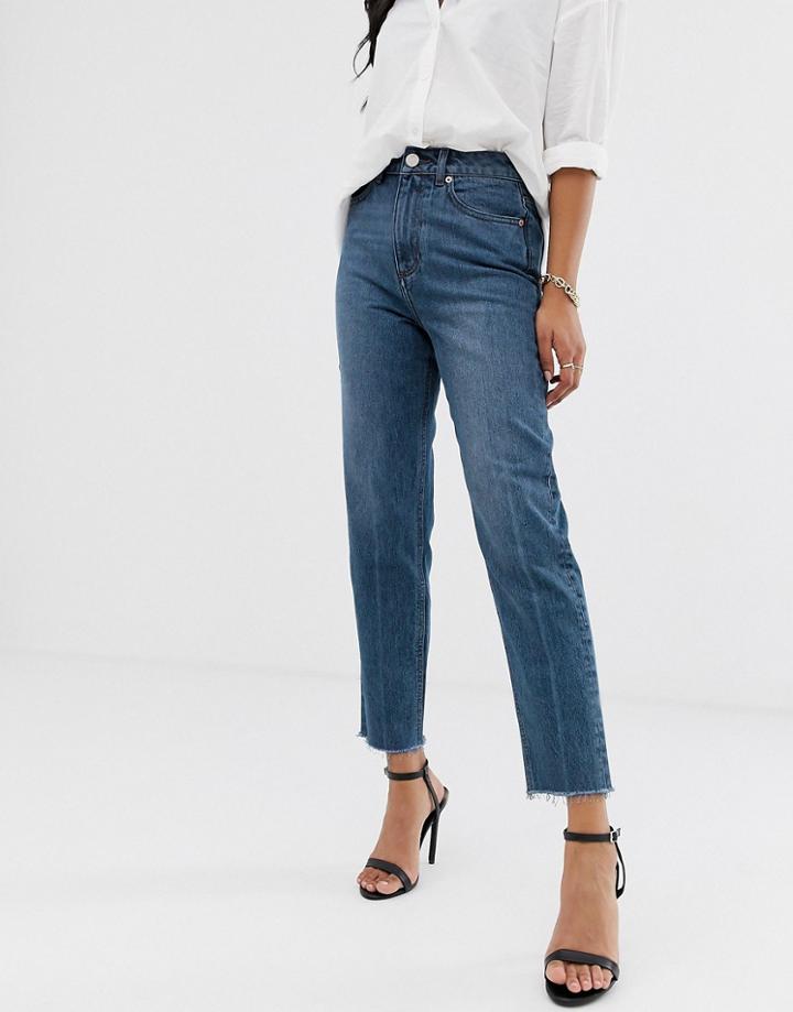 Asos Design Recycled Ritson Rigid Mom Jeans In Dark Wash Blue With Raw Hem - Blue
