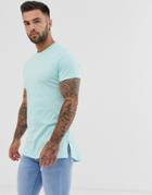 Asos Design Longline T-shirt With Crew Neck And Side Splits In Blue