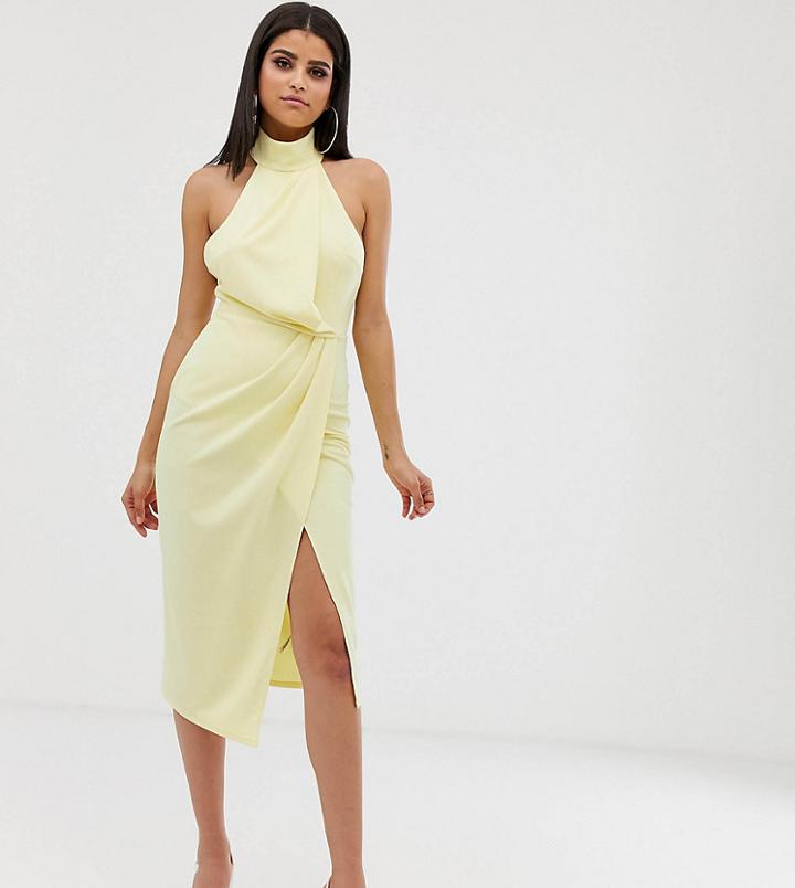 Asos Design Tall Halter Drape Pencil Midi Dress - Yellow