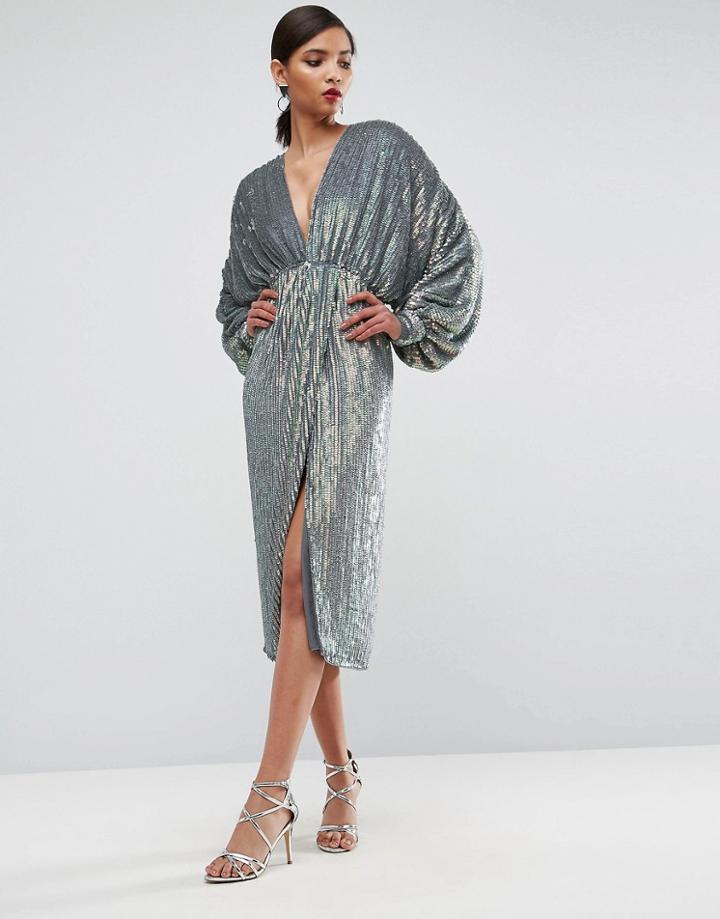 Asos Red Carpet Heavily Embellished Long Sleeve Twist Front Midi Dress - Gray