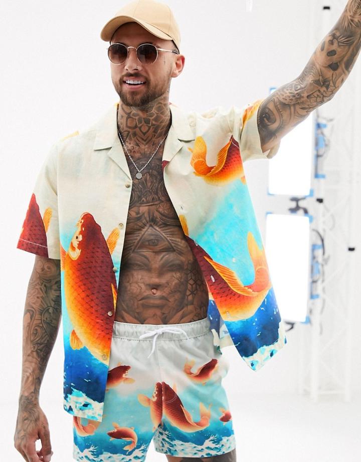 Asos Design Oversized Shirt With Fish Print - Blue
