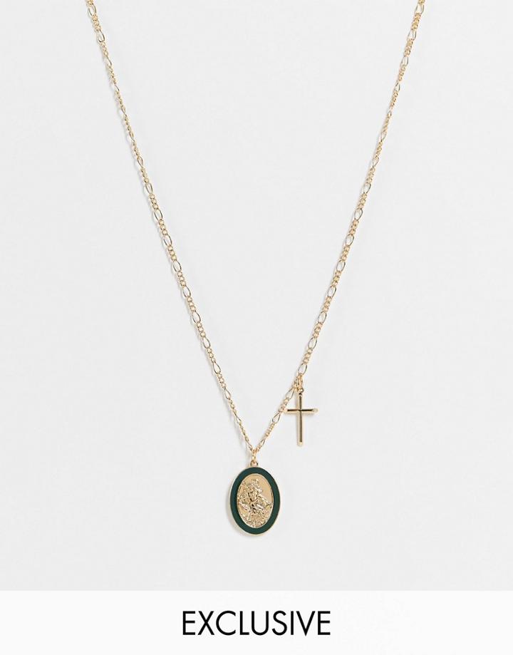Reclaimed Vintage Inspired Necklace With St Christopher Enamel Pendant With Cross In Gold