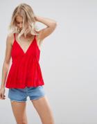 Asos Cami In Crinkle With Button Front - Red