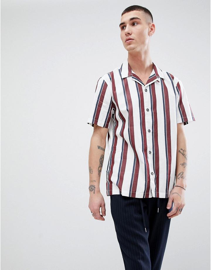 Mango Man Striped Shirt With Reverse Collar In White - White