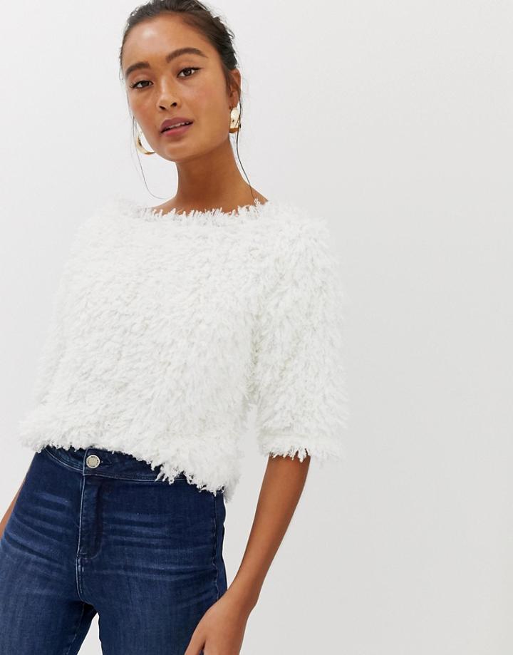 Miss Selfridge Fluffy Short Sleeve Sweater In White - White