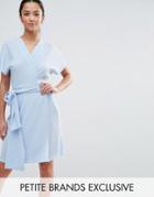 John Zack Petite Wrap Front Tea Dress With Oversized Bow - Blue