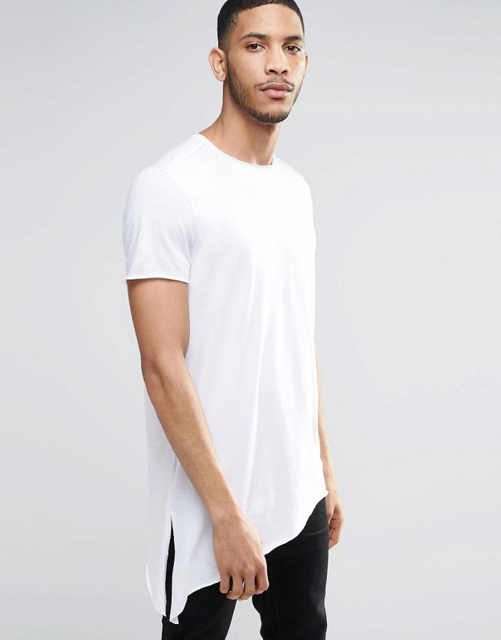 Asos Super Longline T-shirt With Hanky Side Hem In White - White