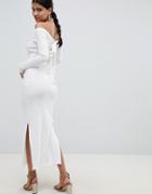 Asos Design Off Shoulder Rib Midi Dress With Tie Back - White