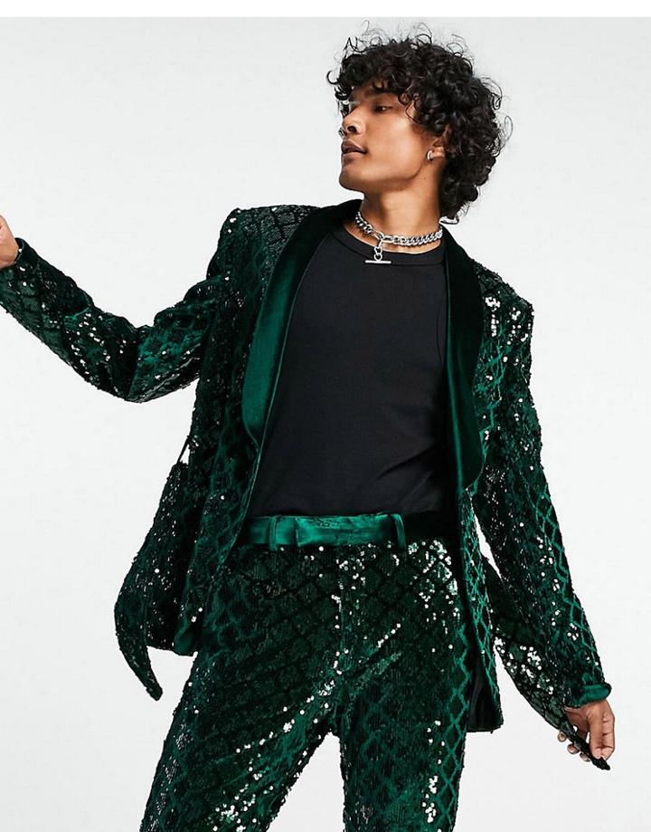 Asos Design Skinny Suit Jacket In Sequin Diamond Velvet In Green