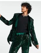 Asos Design Skinny Suit Jacket In Sequin Diamond Velvet In Green