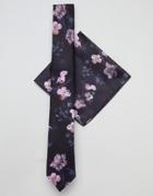 Religion Wedding Tie & Pocket Square Set In Dark Floral Print - Black