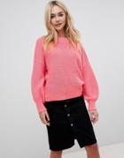 Qed London Frilly Trim Textured High Neck Sweater - Pink