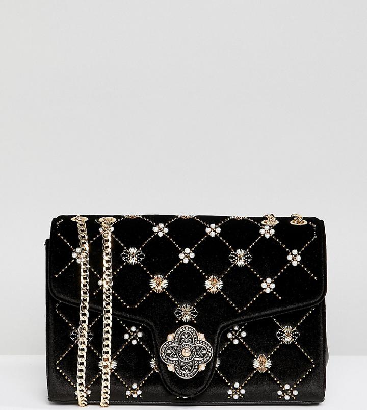 Dune Erabia Black Velvet Embroidered Cross Body Bag With Clasp Detail - Black